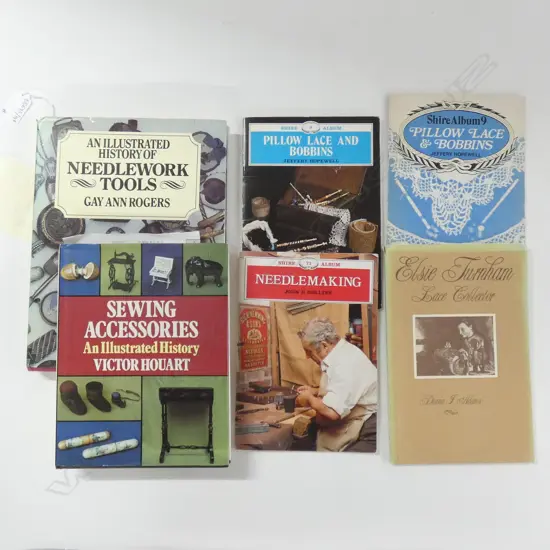Six books on sewing accessories, lace etc.